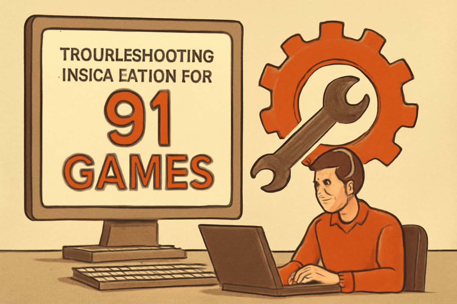 An informational scene depicting troubleshooting installation steps for the 91 Games app.